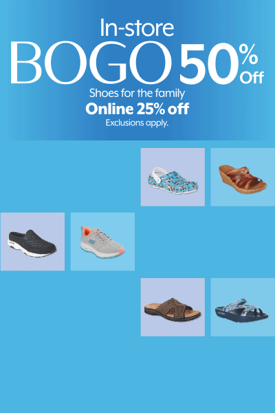 In-store BOGO 50% Off, Online 25% off Shoes for the family